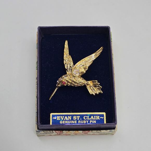 VTG Evan St Clair Genuine Ruby Eye & Rhinestones Hummingbird Brooch Pin Gold Box - Picture 1 of 4